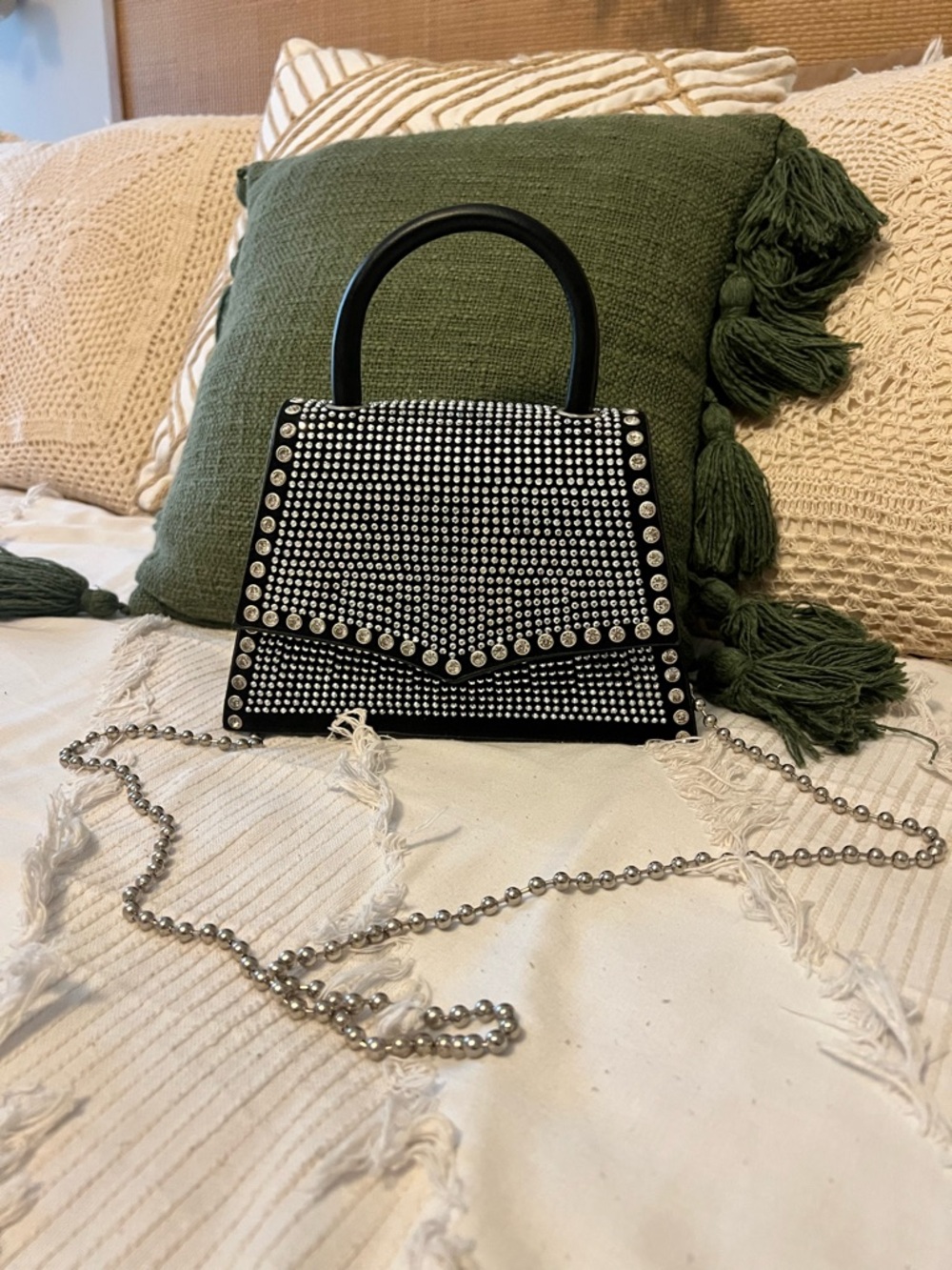 Black Crystal-Embellished Top-Handle Bag